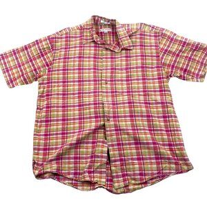 Geoffrey Beene Mens Shirt Large Plaid Short Sleeve Pink/Yellow Cotton Blend Y2K